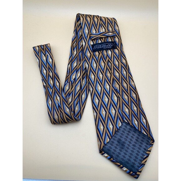 Piattelli Platinum Men's Tie Silk Geometric Diamond Orange Blue Gold USA Made - Picture 2 of 9